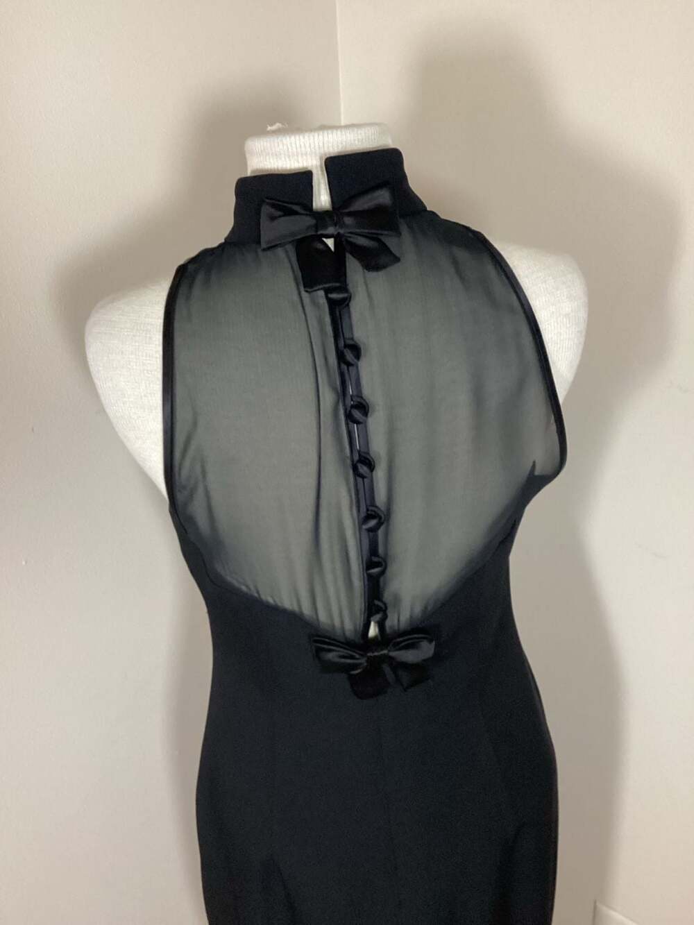 Donna Ricco Vintage Little Black Dress Sheer Mesh Back with Satin Bows - Thumbnail 3