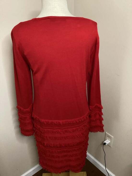Trina Turk Red Long Sleeve Knit Sheath Dress with Tiered Fringe Hem and Cuffs - Thumbnail 4
