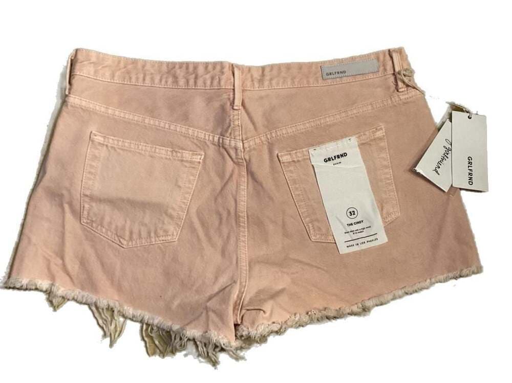 GRLFRND Cindy High-Rise Distressed Denim Shorts in Pink - Thumbnail 3
