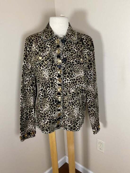 Laura Ashley Leopard Print Button Front Jacket with Jewel Accents and Frayed Hem - Thumbnail 4