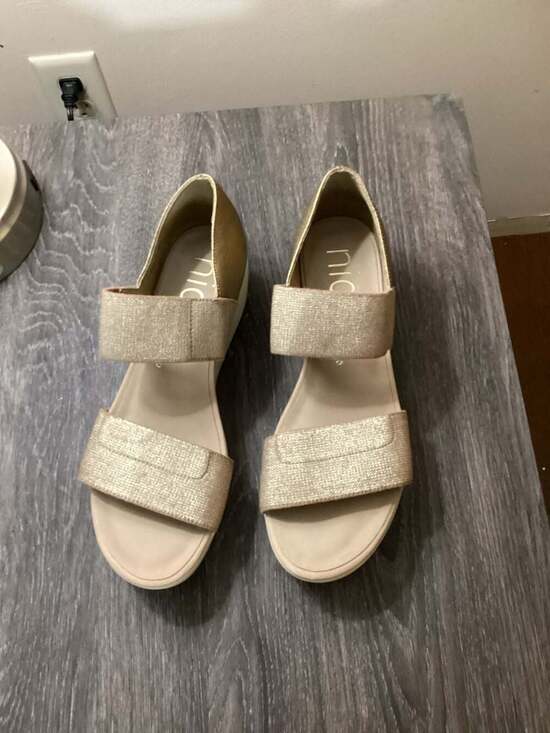 Nicole Imogen Gold Metallic Wedge Elastic Strap Sandals - Thumbnail 8