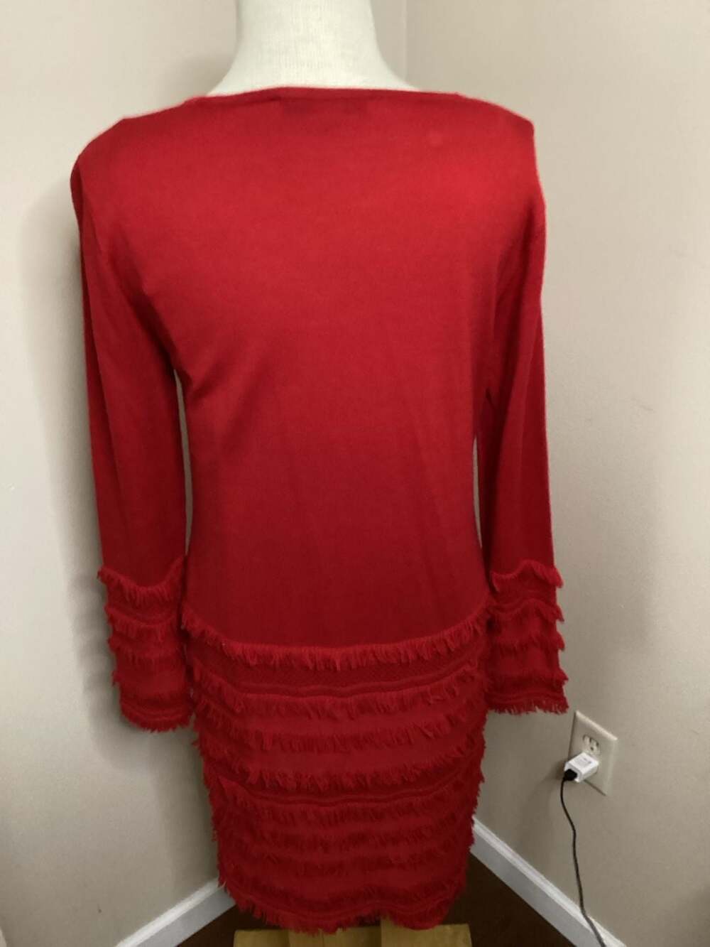 Trina Turk Red Long Sleeve Knit Sheath Dress with Tiered Fringe Hem and Cuffs - Thumbnail 2