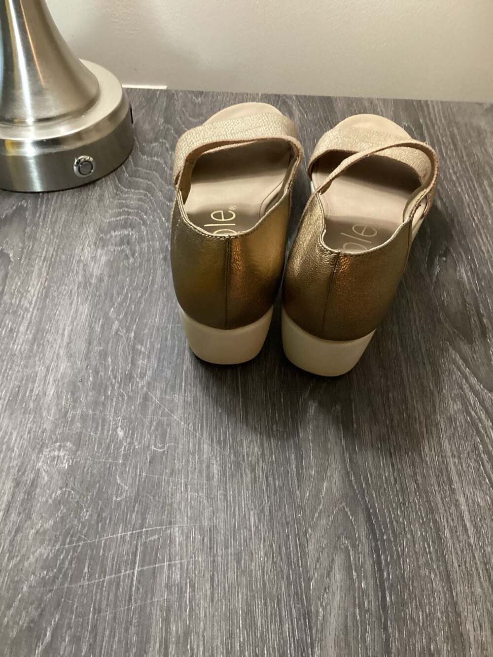 Nicole Imogen Gold Metallic Wedge Elastic Strap Sandals - Thumbnail 7