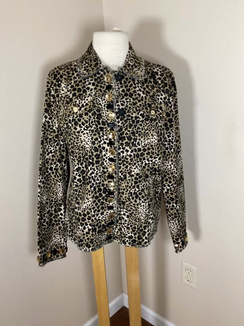 Laura Ashley Leopard Print Button Front Jacket with Jewel Accents and Frayed Hem - Thumbnail 3