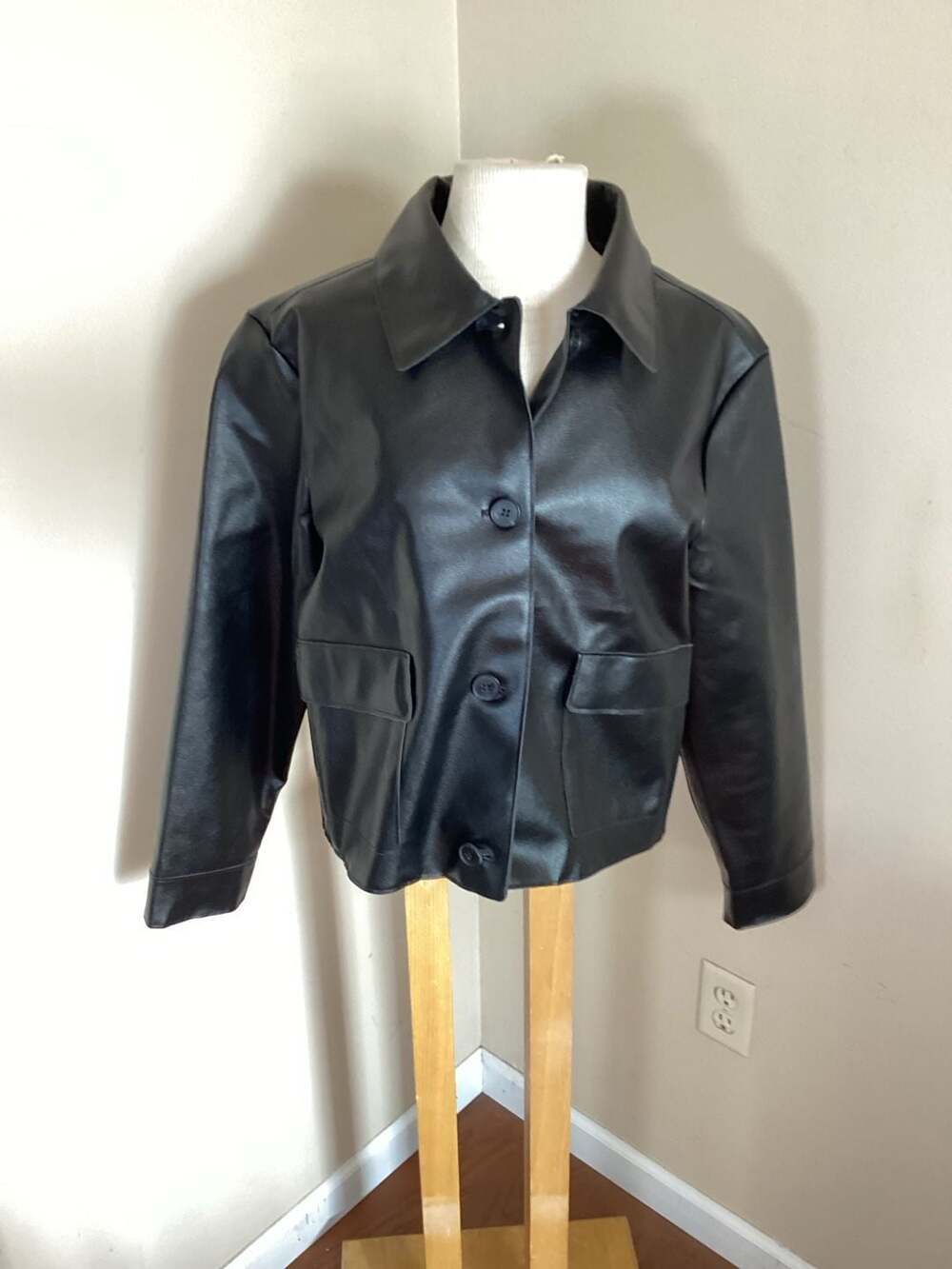 Jason Wu Black Faux Leather Button Front Jacket with Flap Pockets, Size L - Thumbnail 3