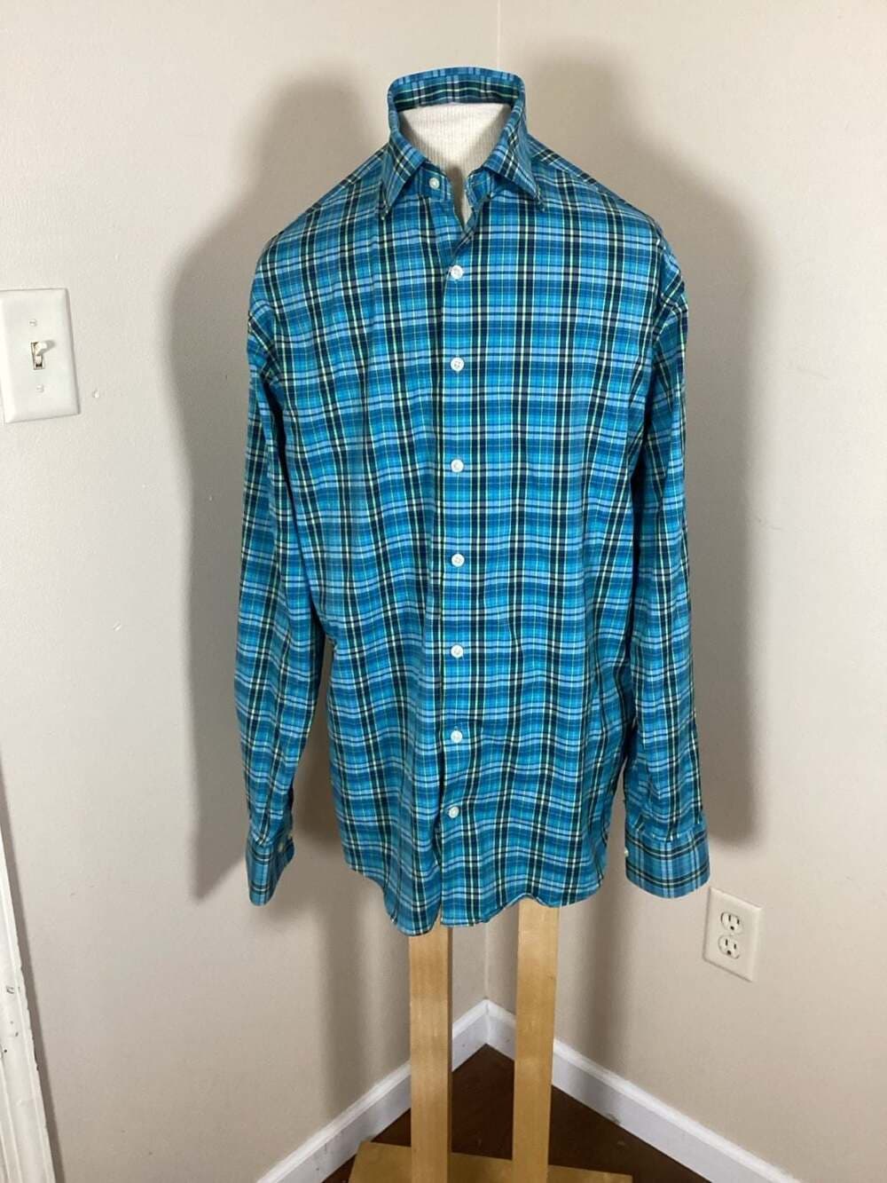 Peter Millar Summer Comfort Blue Green Plaid Long Sleeve Button Down Shirt Size - Thumbnail 3