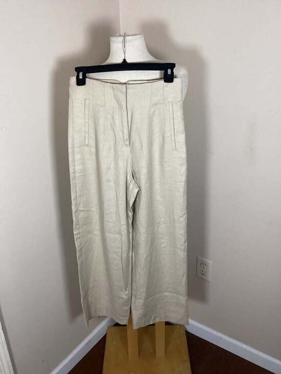 Zara High-Waisted Wide-Leg Linen Blend Trousers Beige Size M - Thumbnail 4