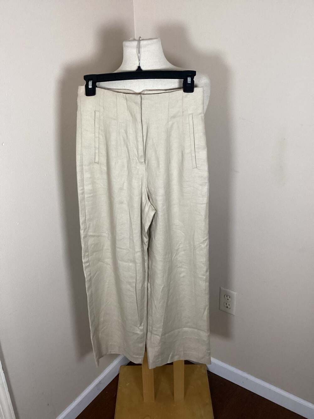 Zara High-Waisted Wide-Leg Linen Blend Trousers Beige Size M - Thumbnail 2