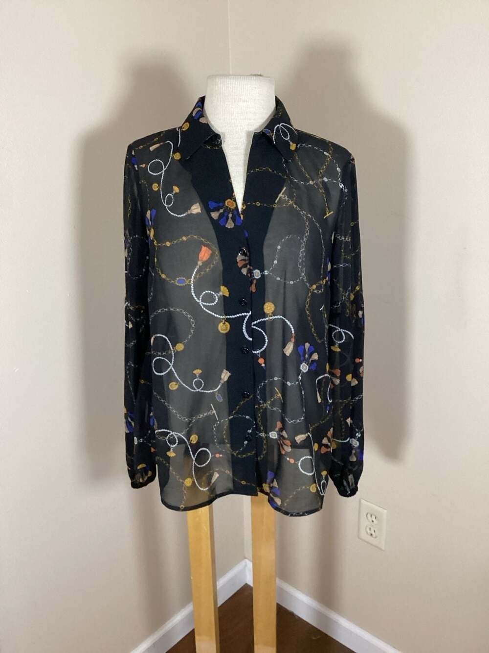 cabi Chiffon Charm Blouse in Black Link Print - Thumbnail 3