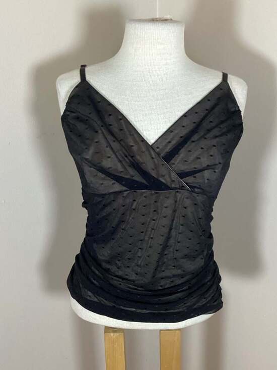 White House Black Market Black Polka Dot Mesh Surplice Cami Top Size L - Thumbnail 4