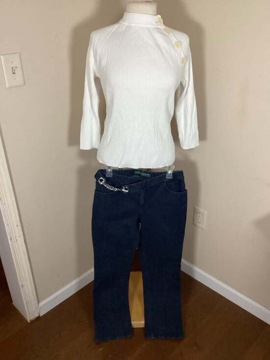 Lauren Ralph Lauren White Ribbed Mock Neck Button Shoulder Top and Petite Chain - Thumbnail 8