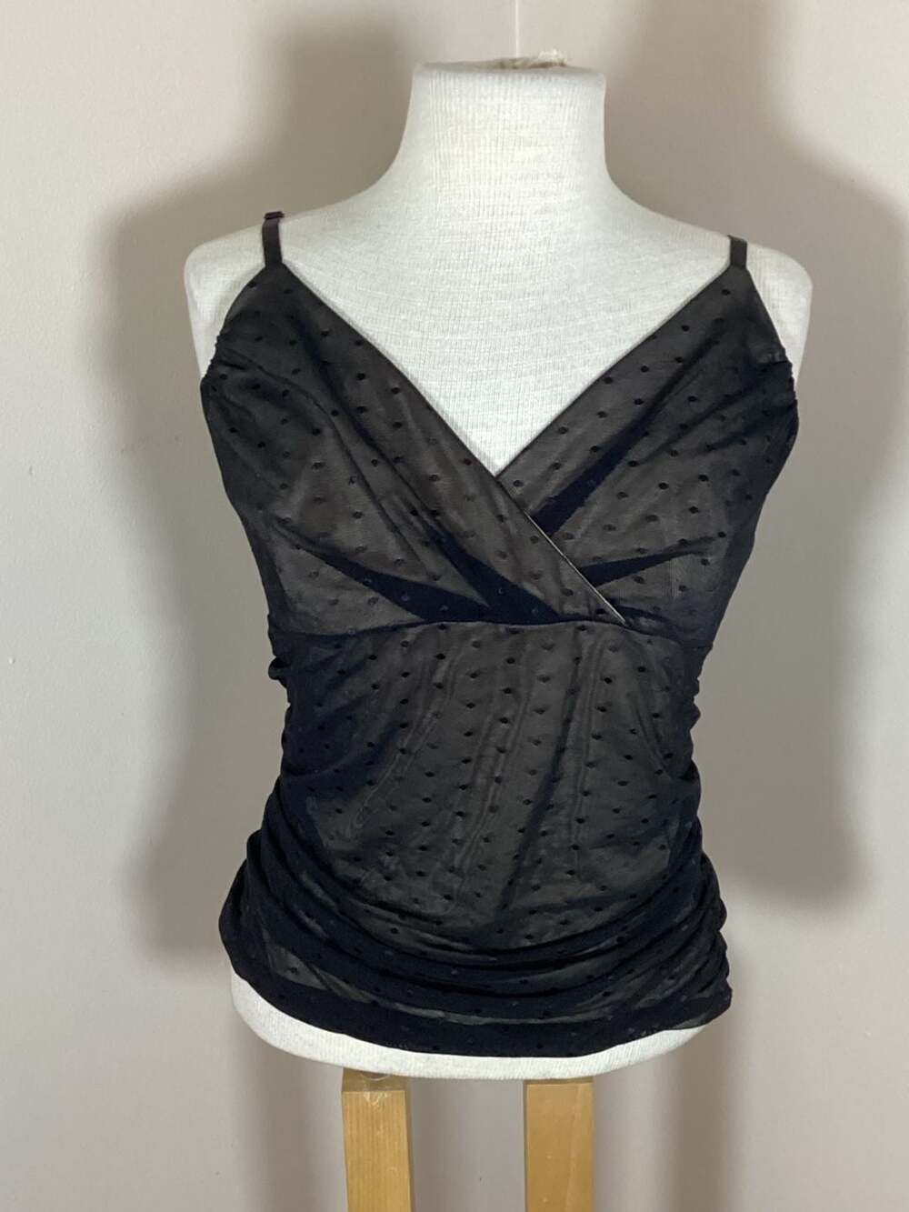 White House Black Market Black Polka Dot Mesh Surplice Cami Top Size L - Thumbnail 3