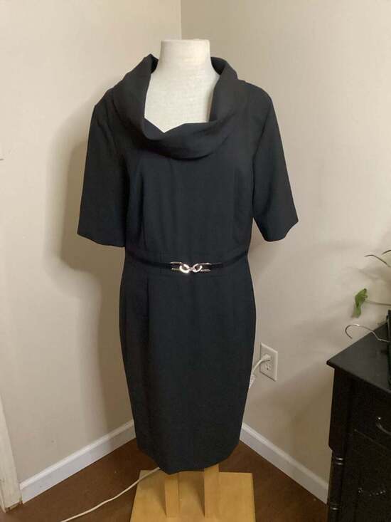 Antonio Melani Black Cowl-Neck Belted Sheath Dress Size 14 - Thumbnail 4