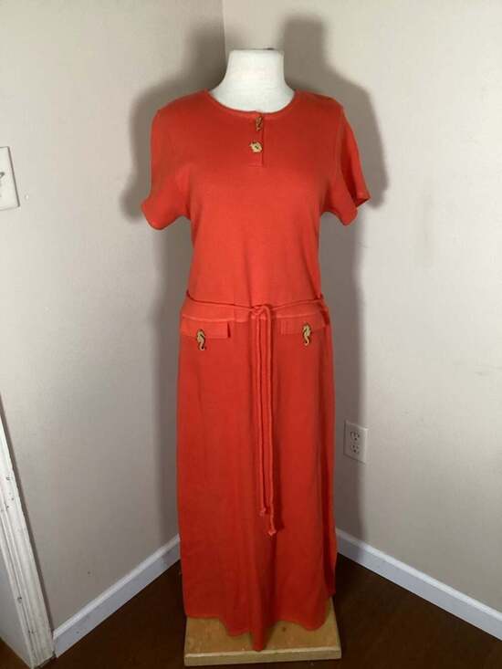 Richard Vintage Orange Cotton Knit Maxi Dress Seahorse Accents Size M - Thumbnail 4
