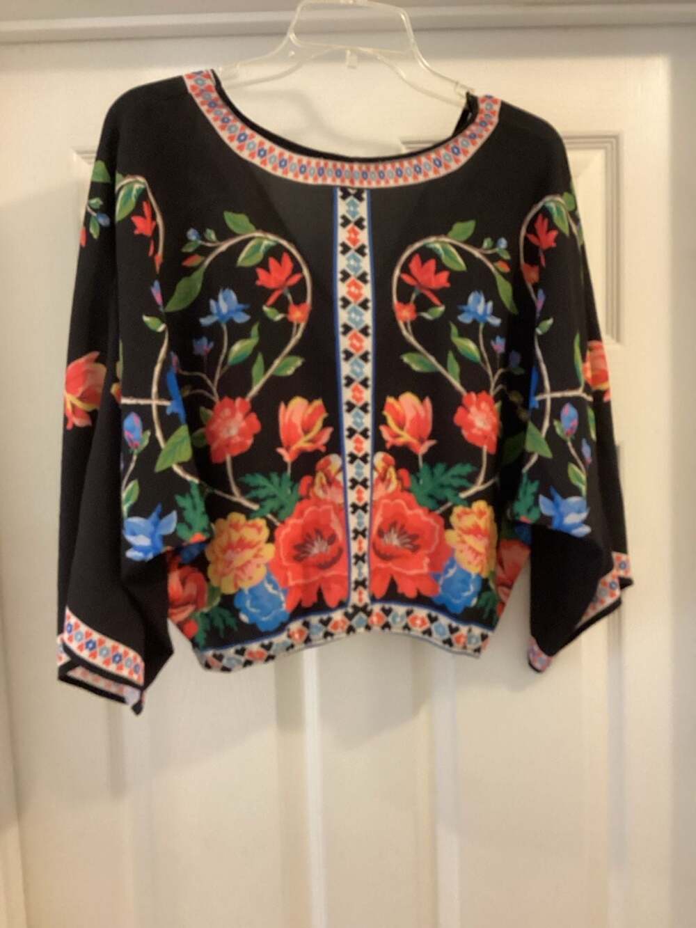 Flying Tomato Floral Kimono Sleeve Faux Wrap Crop Blouse - Thumbnail 3