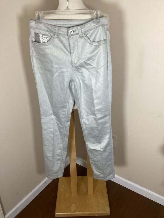 Joseph Ribkoff Silver Metallic Coated Straight Leg Pants with Sequined Pocket De - Thumbnail 4