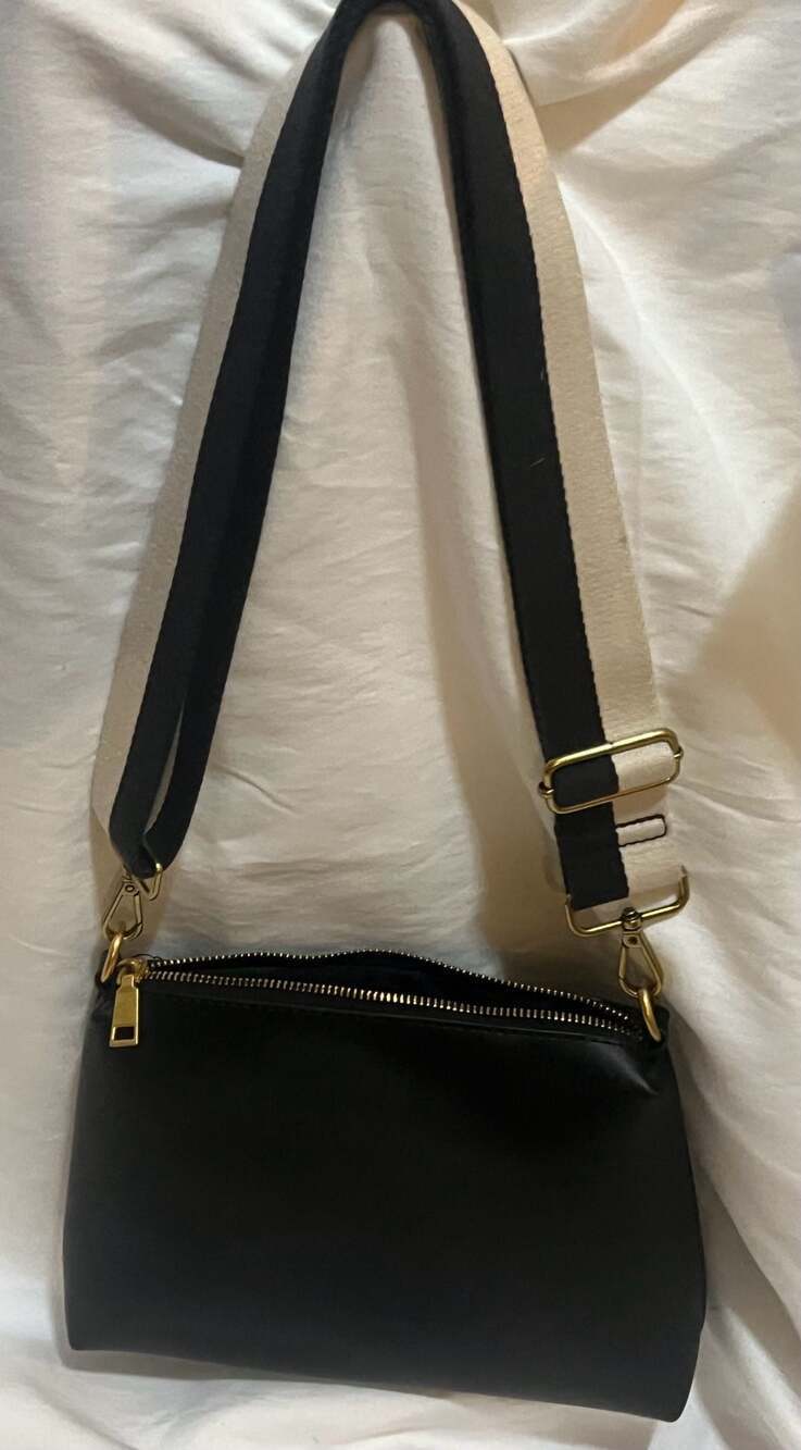 Melie Bianco Black Vegan Leather Crossbody Bag with Webbing Strap - Thumbnail 3