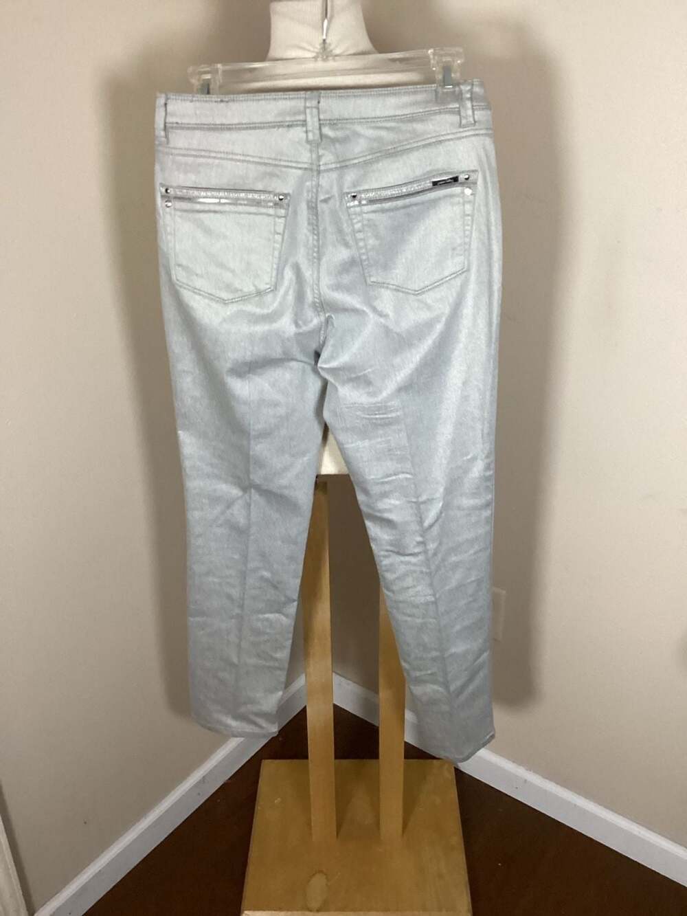 Joseph Ribkoff Silver Metallic Coated Straight Leg Pants with Sequined Pocket De - Thumbnail 3