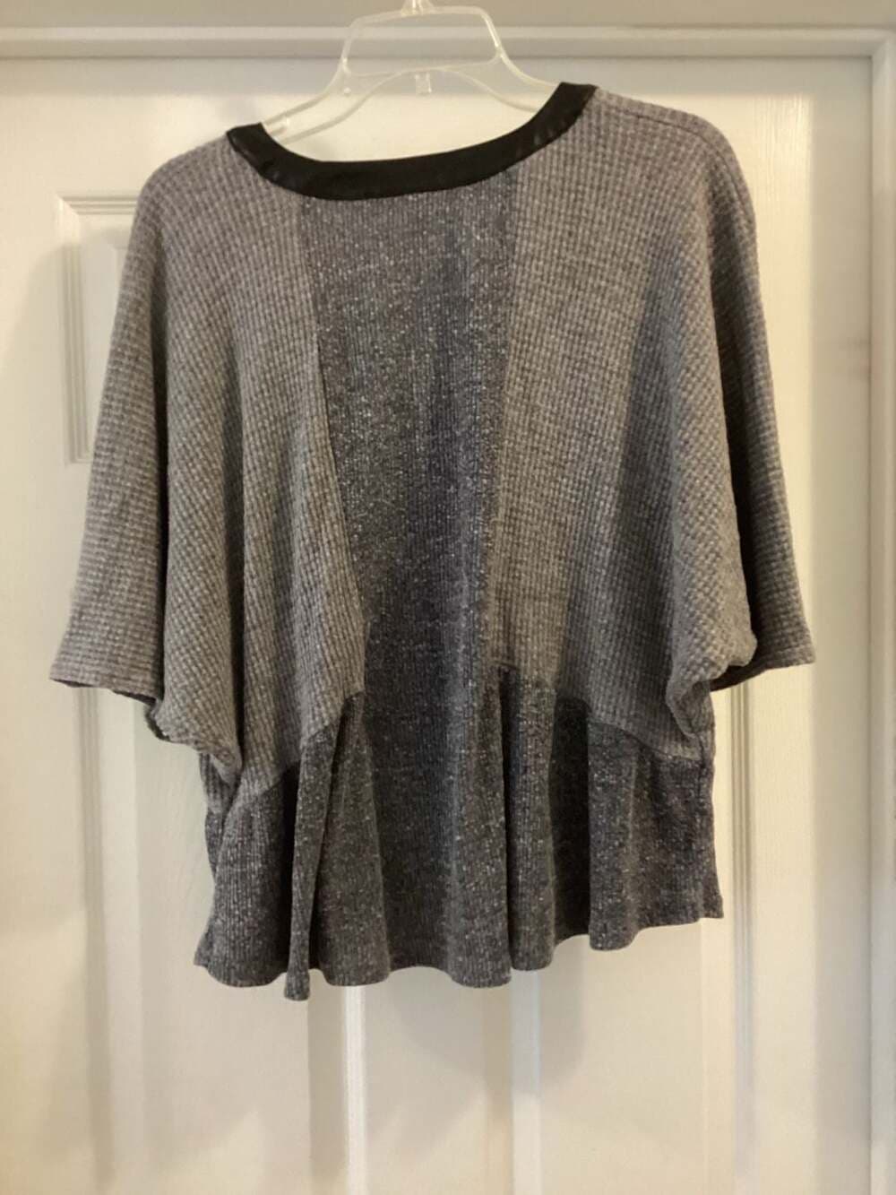 THML Colorblock Waffle Knit Poncho Style Top with Faux Leather Trim - Thumbnail 2
