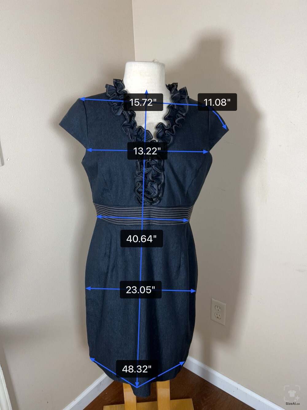 Sandra Darren Denim Sheath Dress with Ruffled V-Neck and Striped Waist - Thumbnail 3