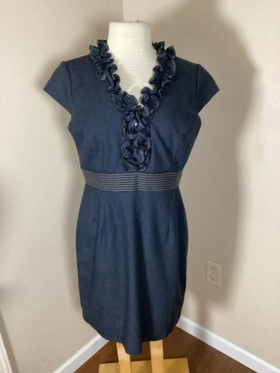 Sandra Darren Denim Sheath Dress with Ruffled V-Neck and Striped Waist - Thumbnail 5