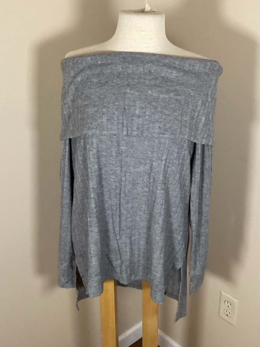 Loveappella Off The Shoulder Ribbed Long Sleeve Top Heather Gray Size Large NWT - Thumbnail 3