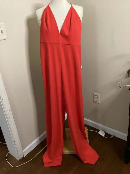 Jay Godfrey Red Plunge V-Neck Strappy Back Wide Leg Jumpsuit Size 2 - Thumbnail 4