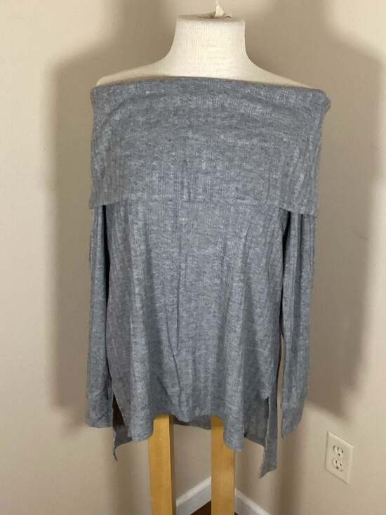 Loveappella Off The Shoulder Ribbed Long Sleeve Top Heather Gray Size Large NWT - Thumbnail 4