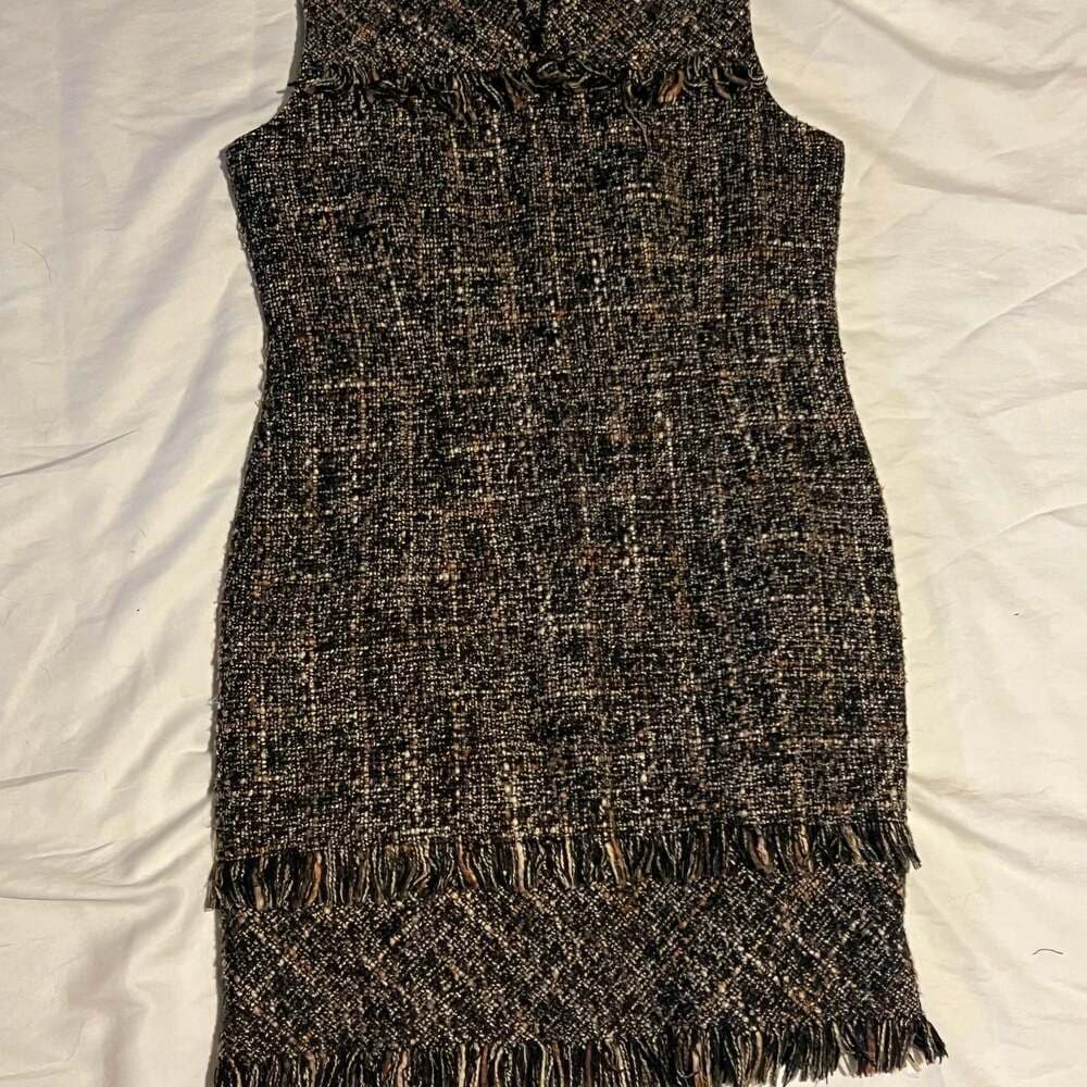 Nanette Nanette Lepore Brown Rustic Tweed Fringed Sleeveless Sheath Dress - Thumbnail 2