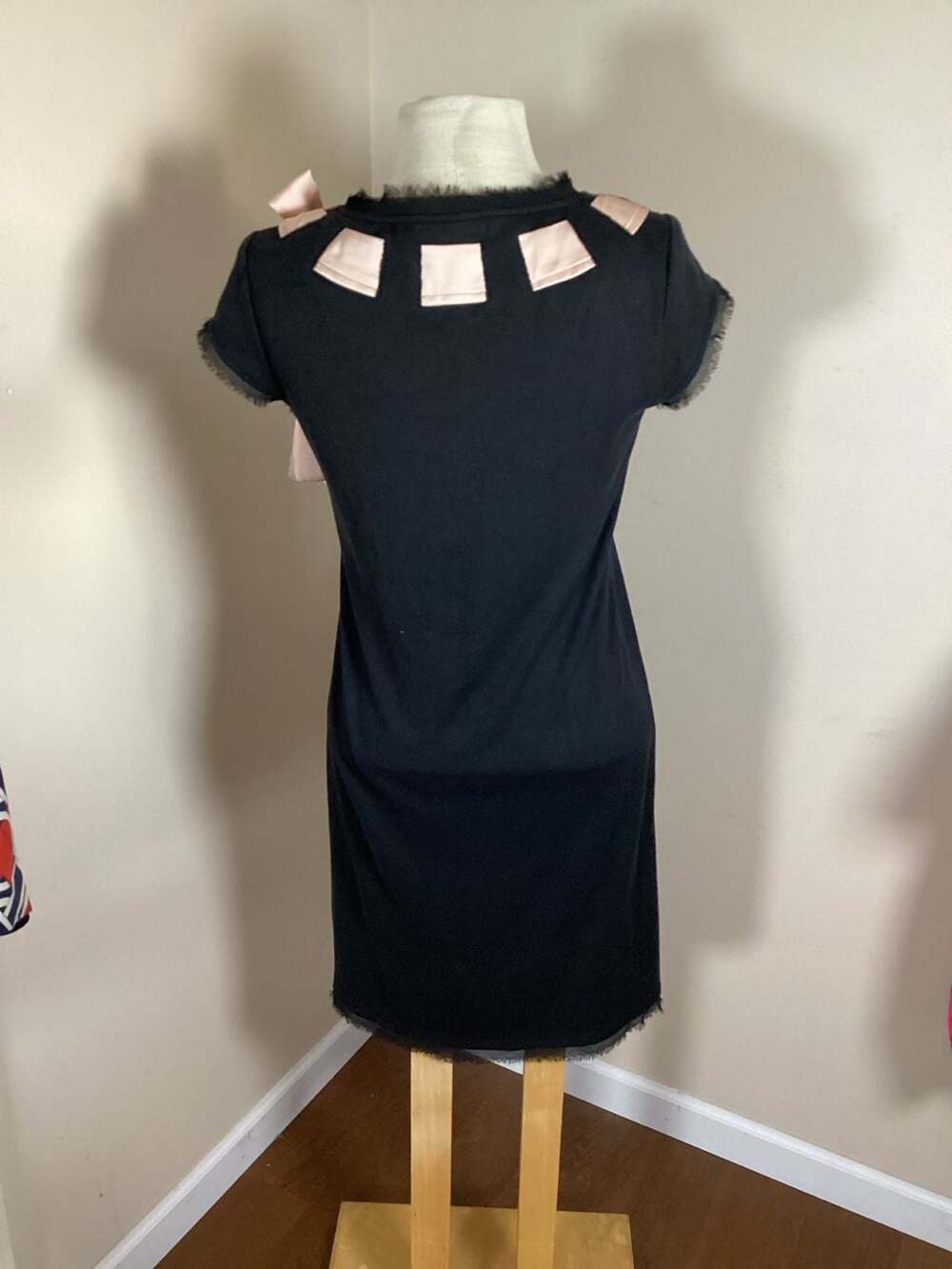COURAGE.b Black Shift Dress with Pink Satin Bow and Frayed Hem Detail - Thumbnail 3