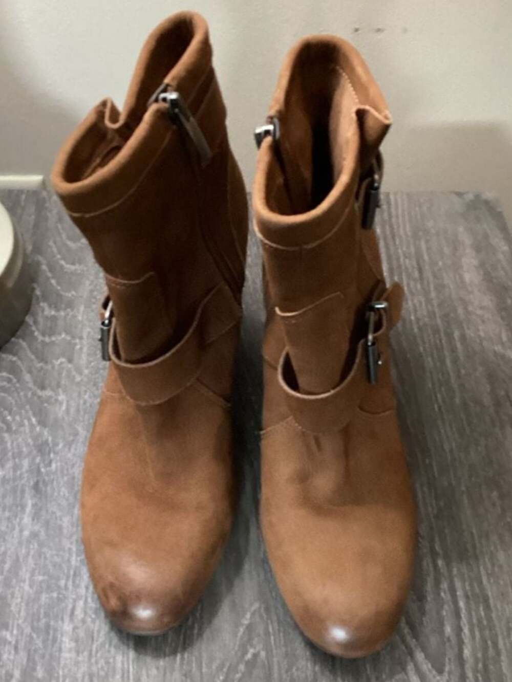 Vince Camuto Simlee Cognac Suede Double Buckle Ankle Boots - Thumbnail 4