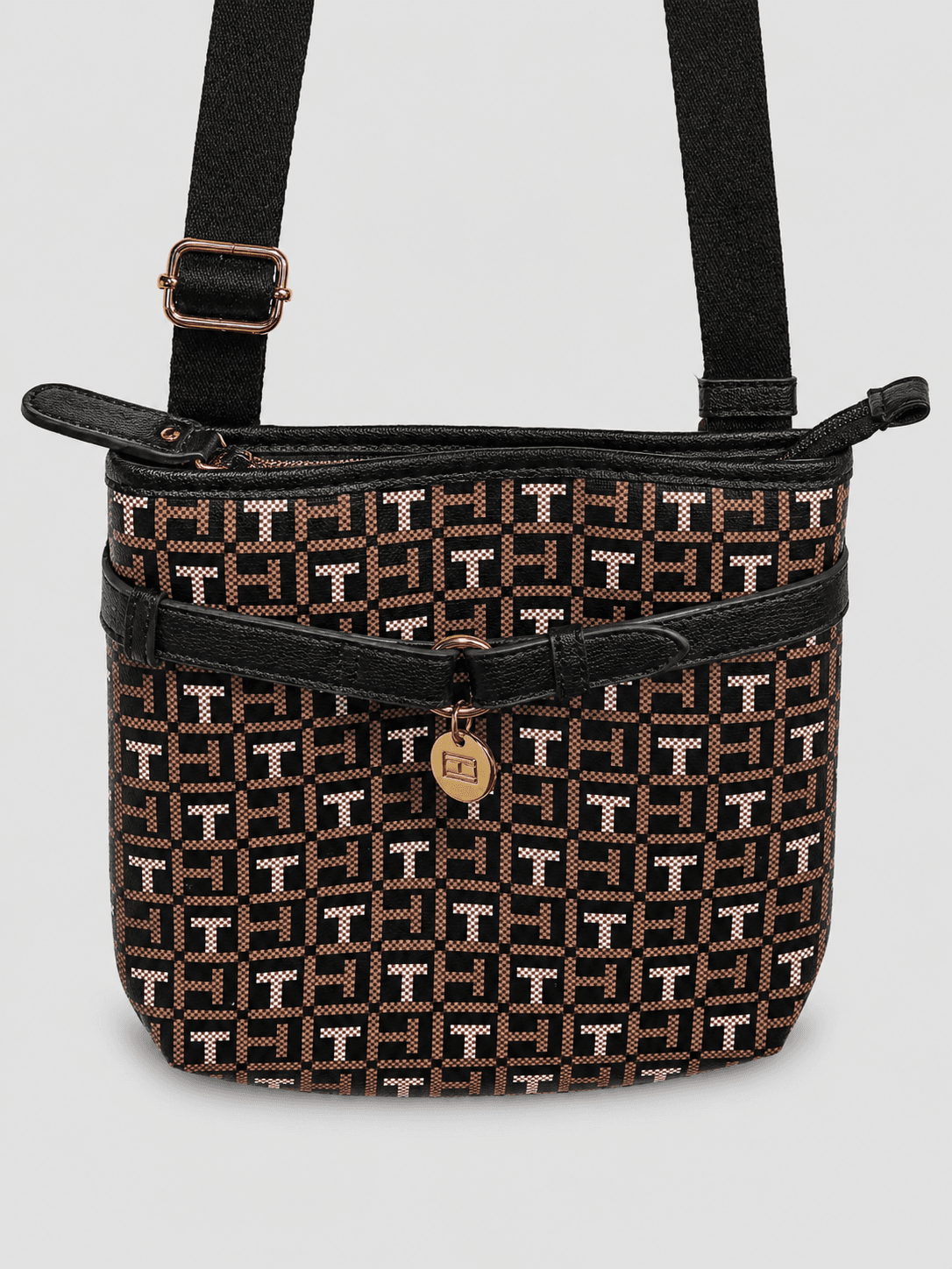 Tommy Hilfiger Crossbody Shoulder Purse Monogram Black Brown White Adjustable - Thumbnail 7