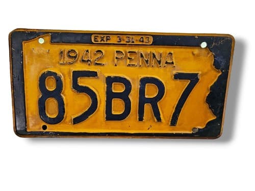 Vintage 1942 PA Pennsylvania License Plate Penna # 85BR7