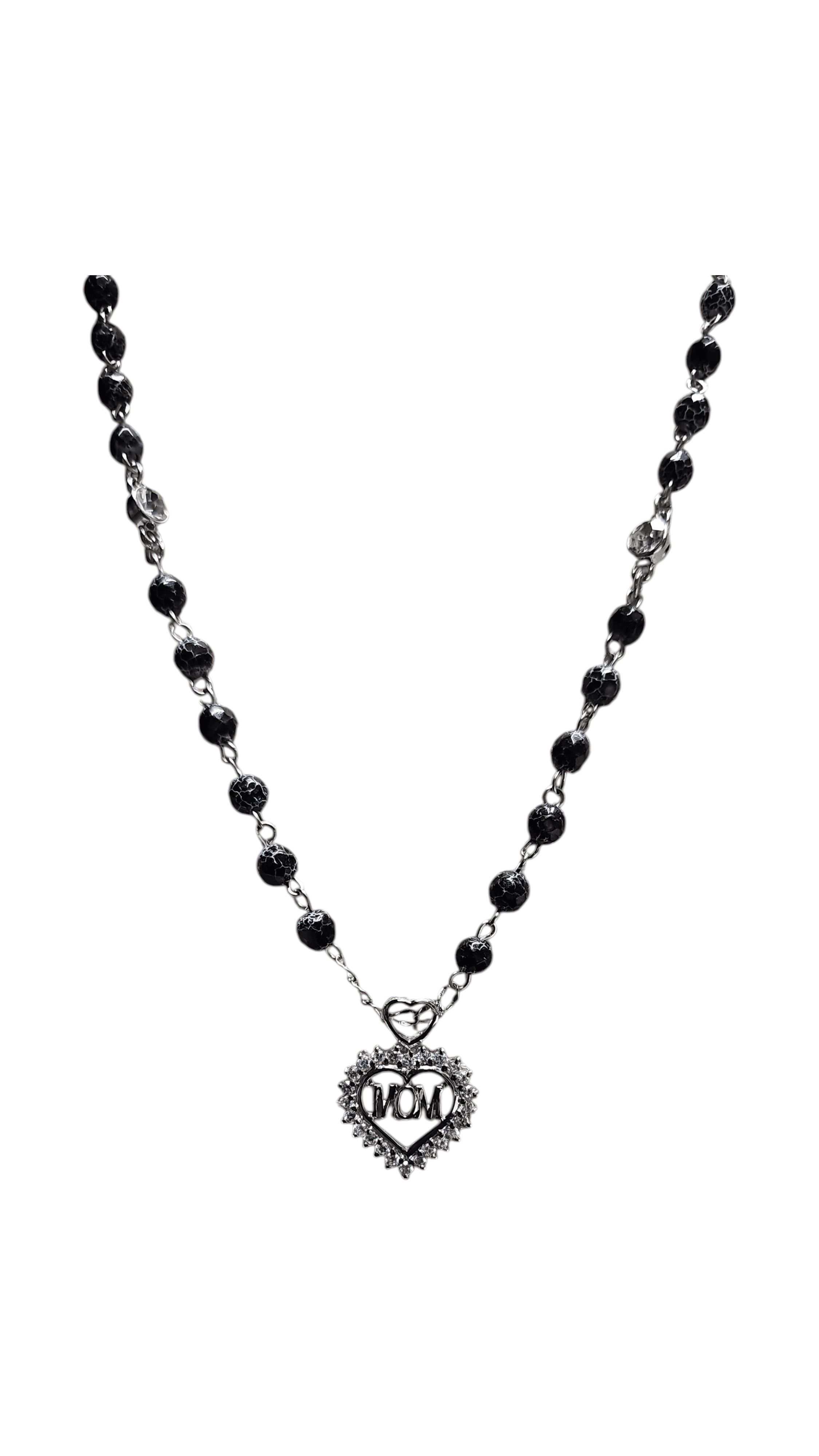 Heart Pendant Necklace with MOM Charm and Beaded Chain