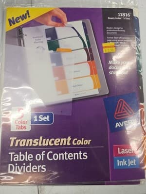 Avery Ready Index 11816 5-Tab Translucent Dividers TOC – 2011 NOS