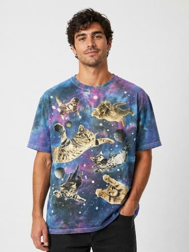 Space Cats Galaxy Graphic T-Shirt Men's Size XL Black Short Sleeve Pizza Tacos