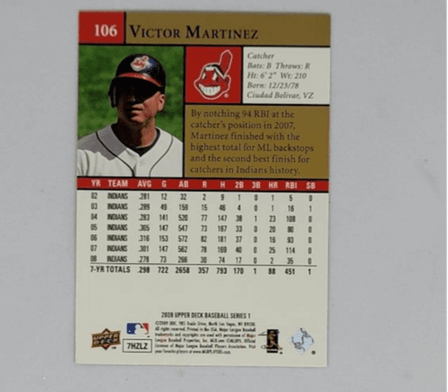 Victor Martinez, C - Upper Deck - Indians, 2009 - #106 - Thumbnail 2