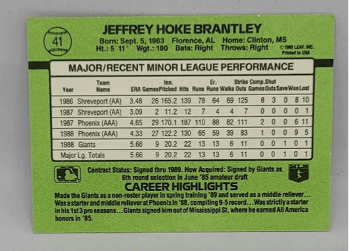 1989 Donruss The Rookies Jeff Brantley Baseball Cards #41 - Thumbnail 2