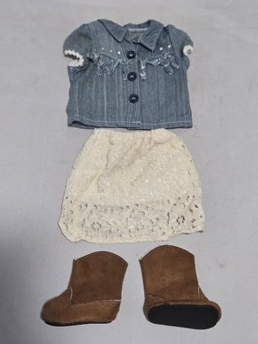 American Girl Doll Clothes Outfit Denim Top Skirt Brown Boots 18 Inch