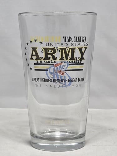 Vintage U.S. Army Miller Lite Beer Glass 14oz Heavy Base Military Pride Ad #T69t - Thumbnail 2
