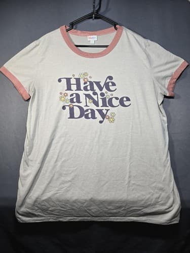 LuLaRoe "Have a Nice Day" Ringer Graphic T-Shirt Gray/Yellow Size 2XL #G67g - Thumbnail 2