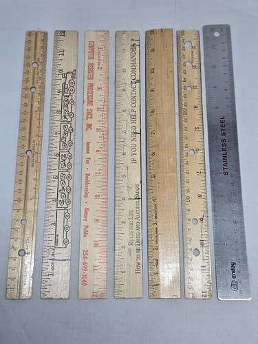 Lot of 7 Vintage & Modern Rulers 6 Wooden 1 Stainless Steel Metal 12 Inch #T54t