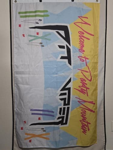 Pit Viper Welcome to Party Mountain Flag Blue Pink Banner Wall Decor VGC #Q77q