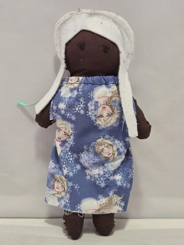 Handmade Fabric Doll Plush Floral Blue Dress White Bonnet Soft Rag Doll #R83r