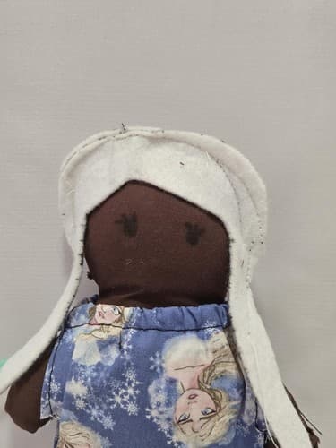 Handmade Fabric Doll Plush Floral Blue Dress White Bonnet Soft Rag Doll #R83r - Thumbnail 4