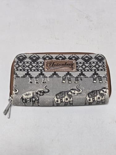 Unionbay Y2K Elephant Print Zip Wallet Gray Canvas Boho Tribal Clutch PurseJ31j