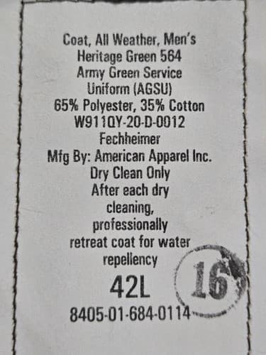 US Army AGSU Heritage Green Trench Coat 42L | Fechheimer | NSN 8405-01-684-0114 - Thumbnail 5
