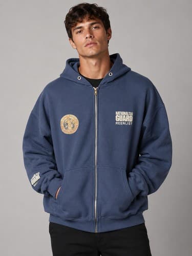 National Guard Reenlist Navy Blue Zip Up Hoodie Military Sweatshirt Men's L #M82
