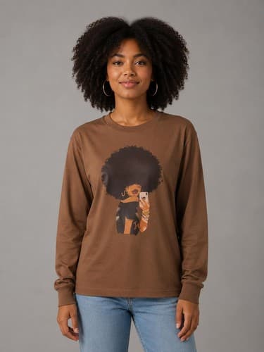 Afro Girl Graphic Long Sleeve T-Shirt Chocolate Brown Size Medium #S127s
