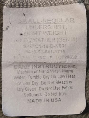 SMALL/REGULAR - Cold Weather Undershirt GEN III NSN:8415-01-641-1719 #K61k - Thumbnail 3
